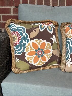Floral Outdoor Accent Pillow in Brown, Orange & Teal